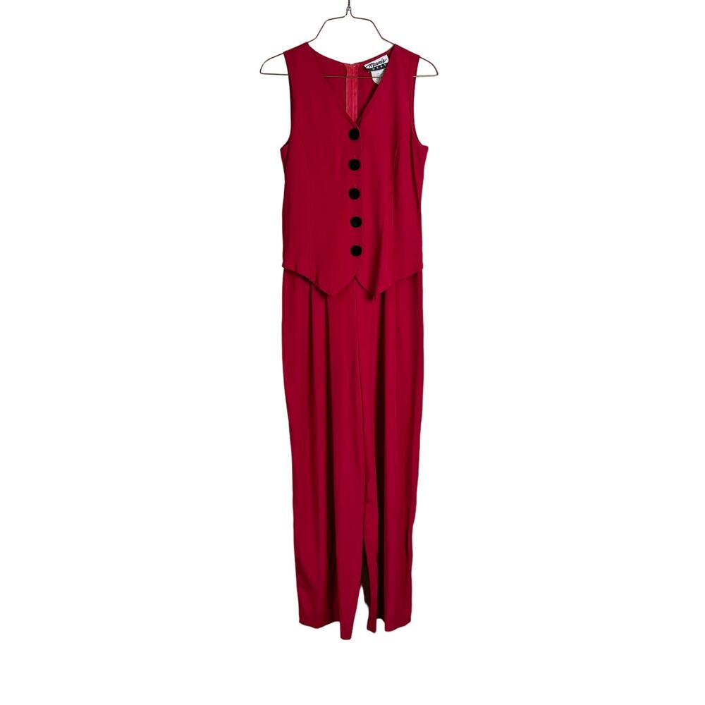 Marnie West VINTAGE Red black velvet‎ button vest pant Jumpsuit Size SMALL